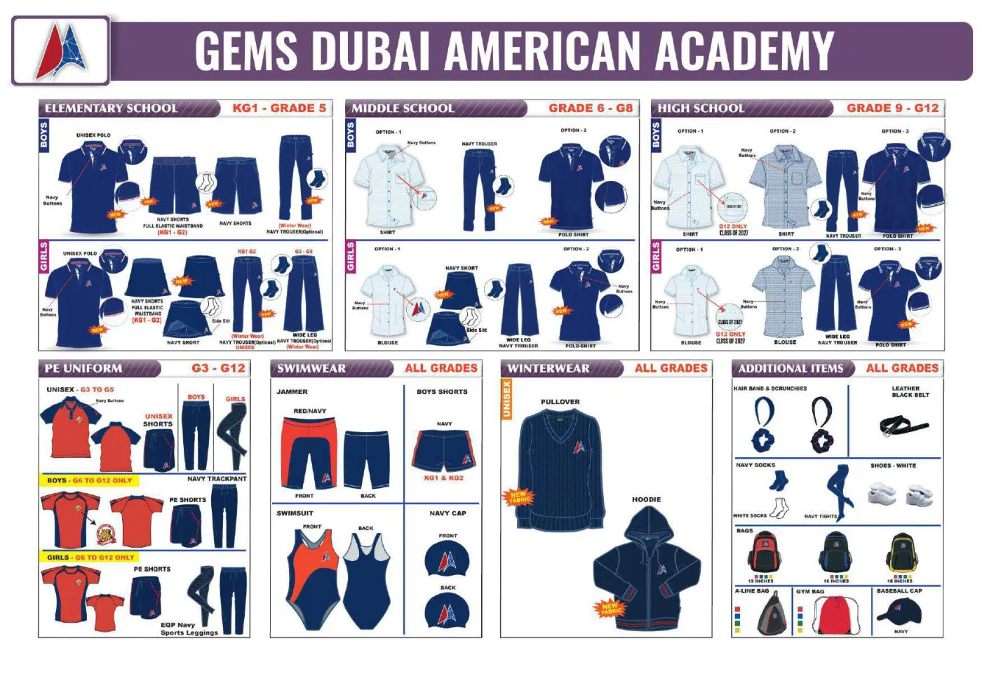 GEMS Dubai American Academy uniform requirements chart
